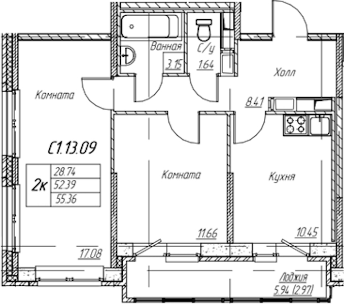2-комнатная квартира 55.36 м², 13/22 эт., ЖК «Парк-квартал Юнтолово»